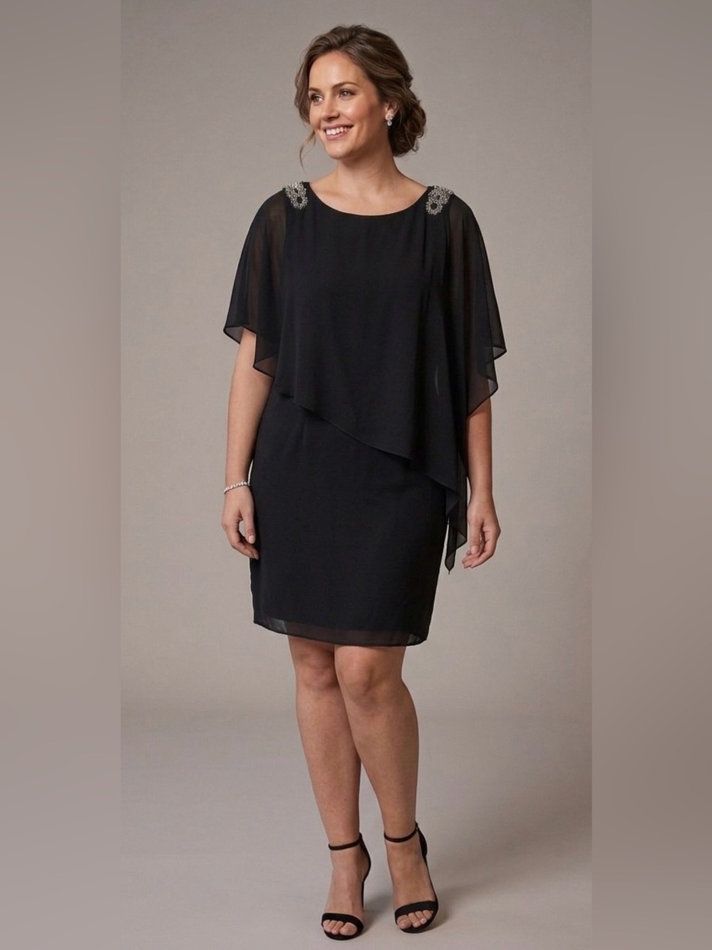 Xscape Black Chiffon Overlay Mini Dress with Embellished Shoulders Size 14P
